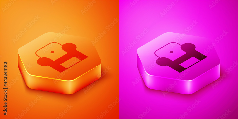 Isometric Armchair icon isolated on orange and pink background. Hexagon button. Vector