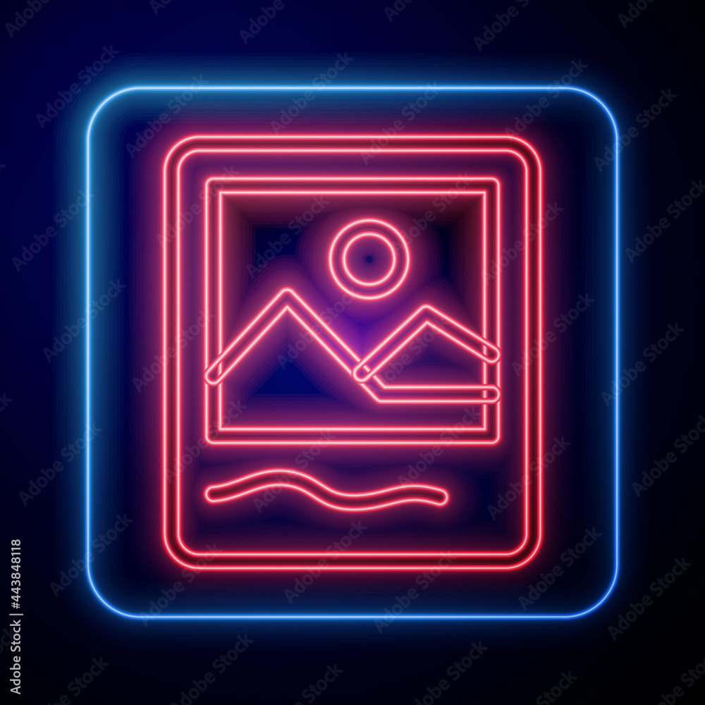 Glowing neon Photo frame icon isolated on black background. Vintage empty photos frame. Vector