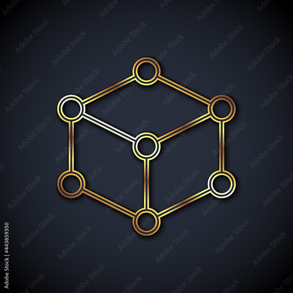 孤立在黑色背景上的金线等轴测立方体图标。几何立方体实体图标。3D方形si