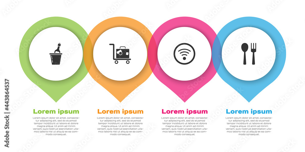 Set Champagne in an ice bucket, Suitcase, Wi-Fi wireless and Fork and spoon. Business infographic te