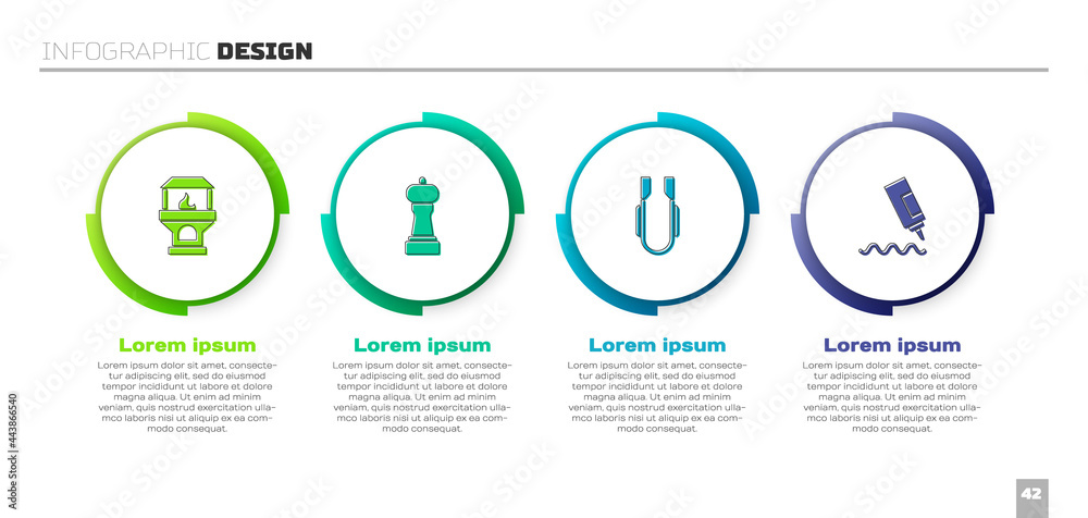 设置砖炉、胡椒、肉钳和酱瓶。业务信息图模板。矢量