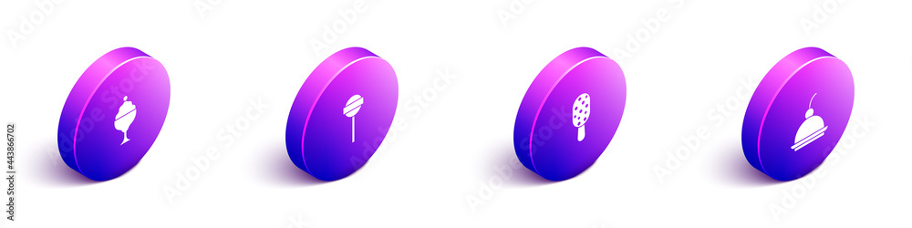 Set Isometric Ice cream in bowl, Lollipop, and Cherry cheesecake icon. Vector