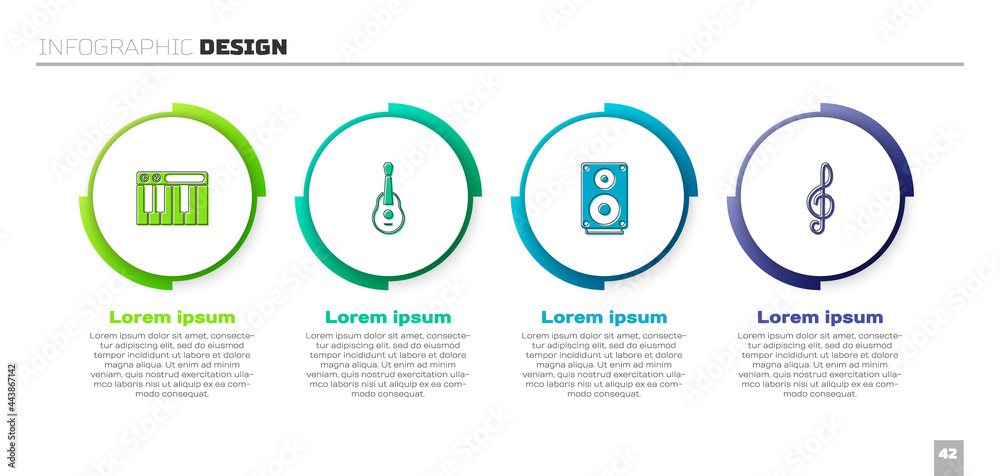 设置音乐合成器、吉他、立体声扬声器和高音谱号。商业信息图模板。矢量
