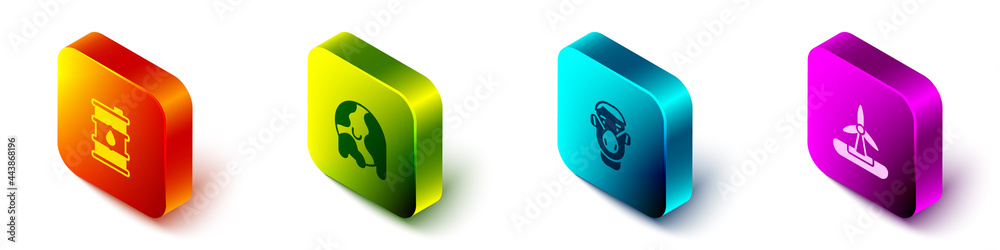 Set Isometric Barrel oil, Global warming, Face protective mask and Wind turbine icon. Vector