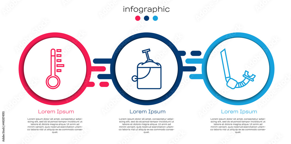 设置线路气象温度计，带铲子和浮潜的桶中沙子。商业信息图温度