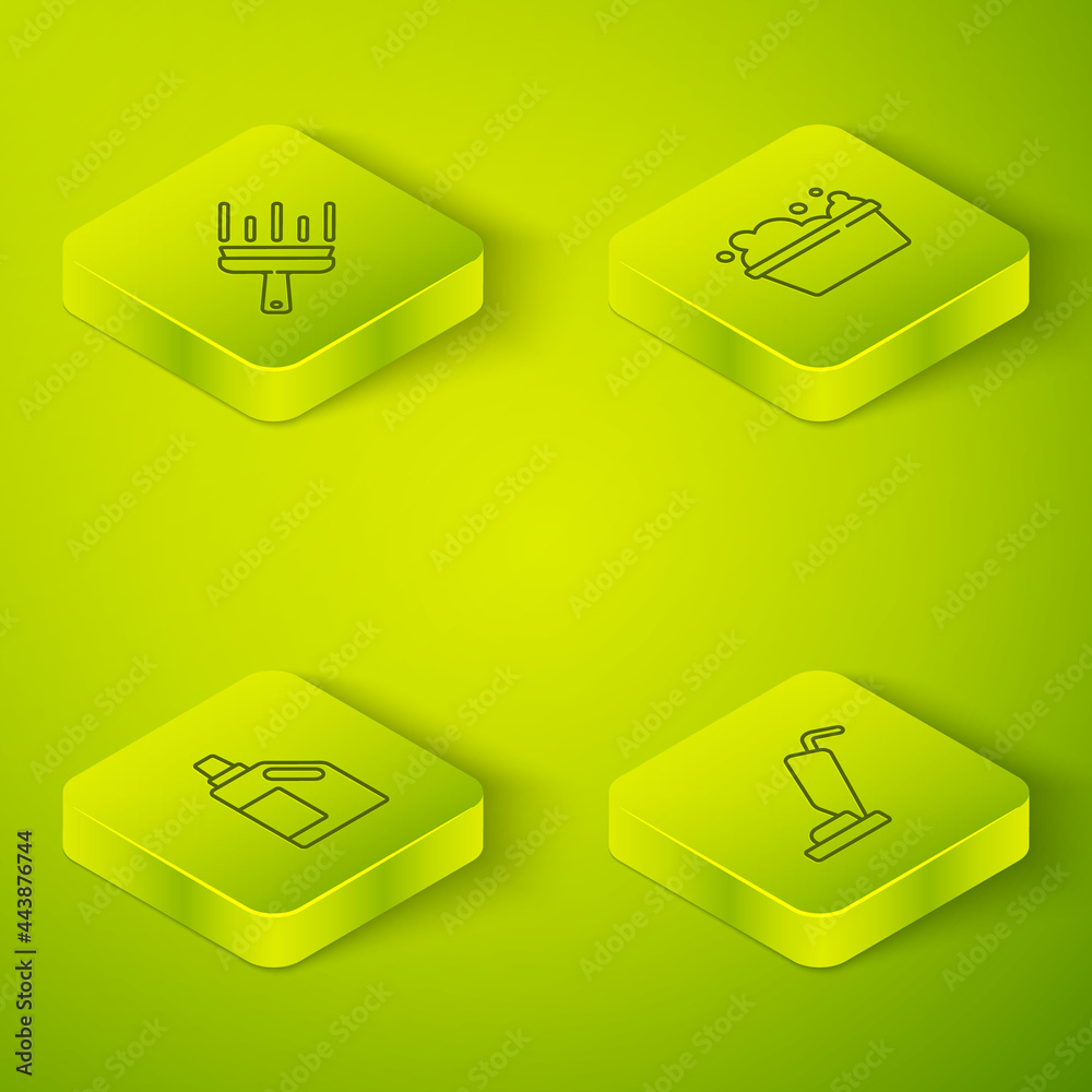 Set Isometric line Basin with soap suds, Bottle for cleaning agent, Vacuum cleaner and Rubber window