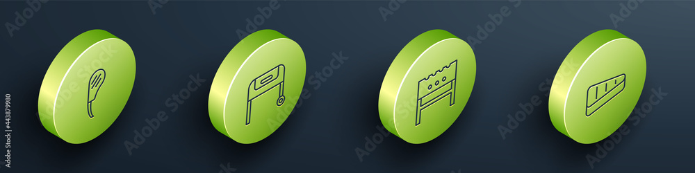 Set Isometric line Rib eye steak, Barbecue grill, BBQ brazier and Steak meat icon. Vector