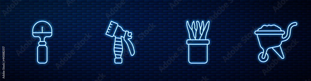 Set line Plant in pot, Shovel, Water spray bottle and Wheelbarrow with dirt. Glowing neon icon on br