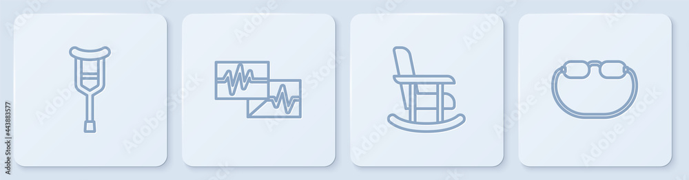 固定式拐杖或拐杖，摇椅，心电图监护仪和眼镜。白色方形，但