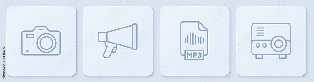 设置行照相/摄像机、MP3文件文档、扩音器和媒体投影仪。白色方形按钮。矢量