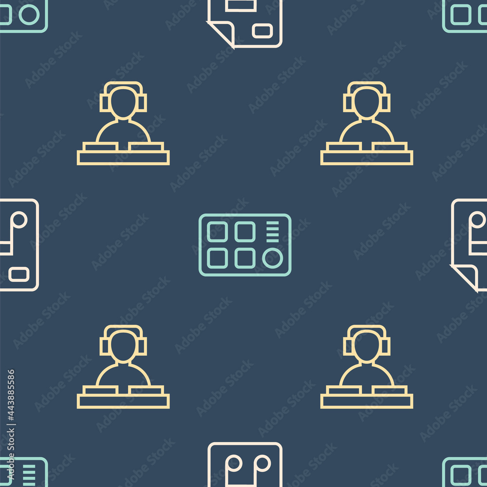 Set line MP3 file document, DJ playing music and Drum machine on seamless pattern. Vector