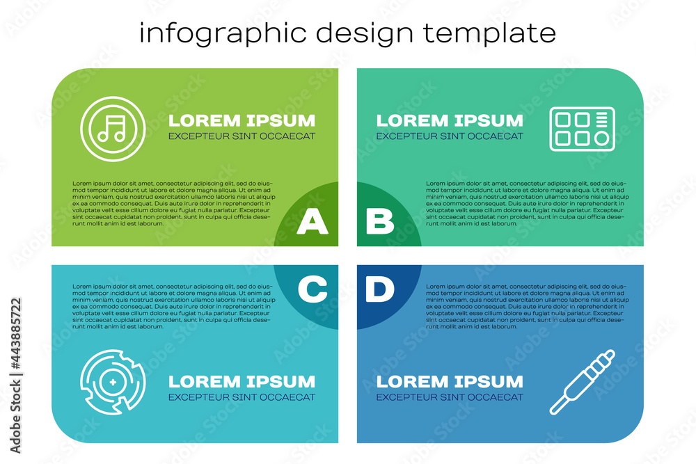 套装乙烯基唱片、音符、音调、音频插孔和鼓机。商业信息图模板.V