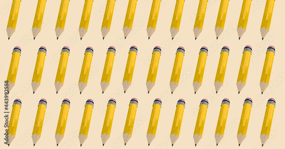 Composition of yellow pencils repeated in rows on pale yellow background