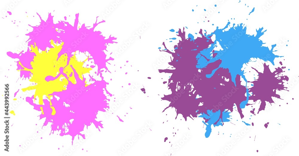 Composition of pink, blue and purple paint splats on white background