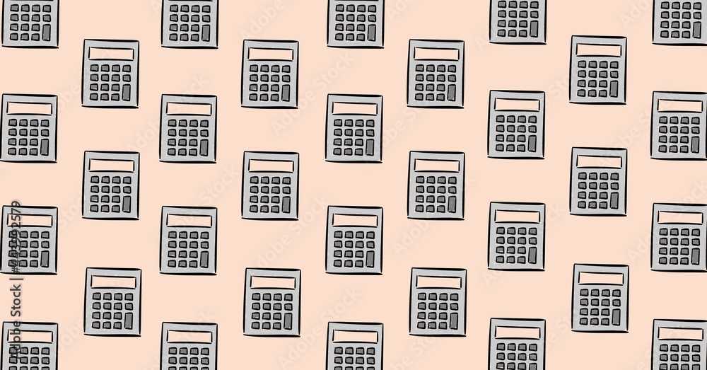 Composition of calculators repeated in rows on pale pink background