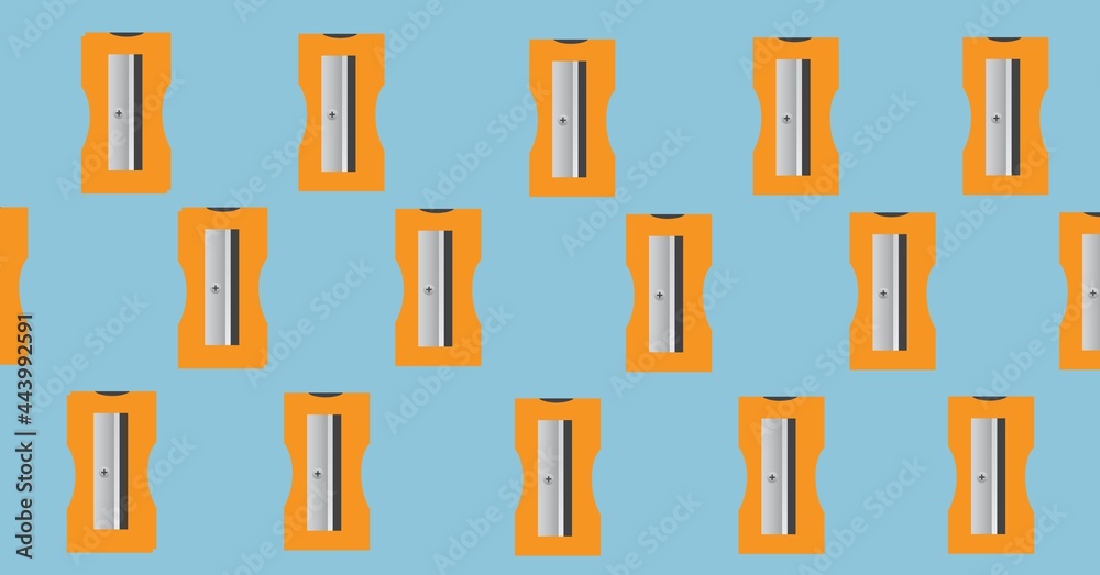 Composition of orange pencil sharpeners repeated in rows on blue background