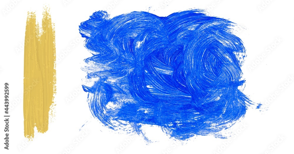 Composition of blue and brown paint marks on white background