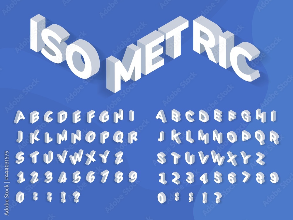 Isometric font. 3d perspective effect geometric typography. Isometrical bold alphabet letters, numbe