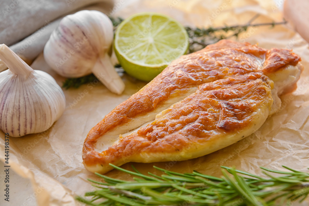 Tasty chicken fillet on light background