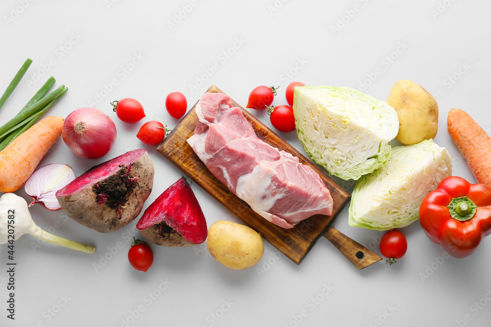 Ingredients for preparing borscht on light background