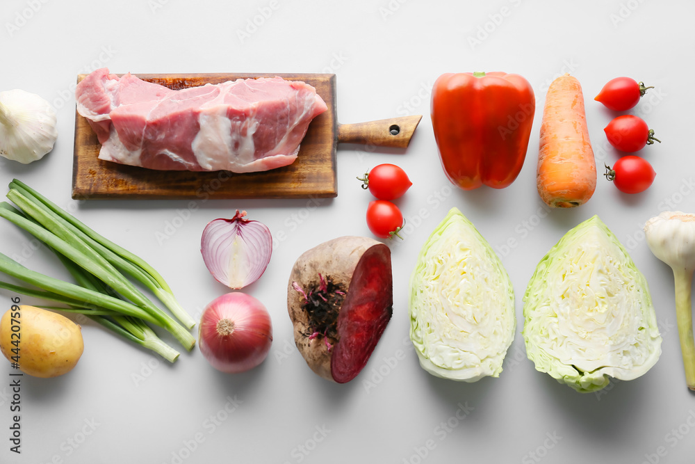 Ingredients for preparing borscht on light background