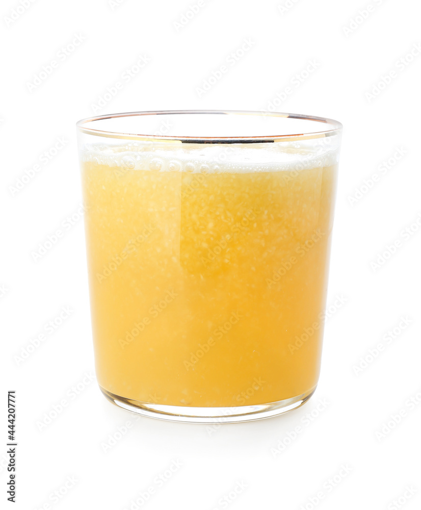 Glass of tasty pineapple smoothie on white background