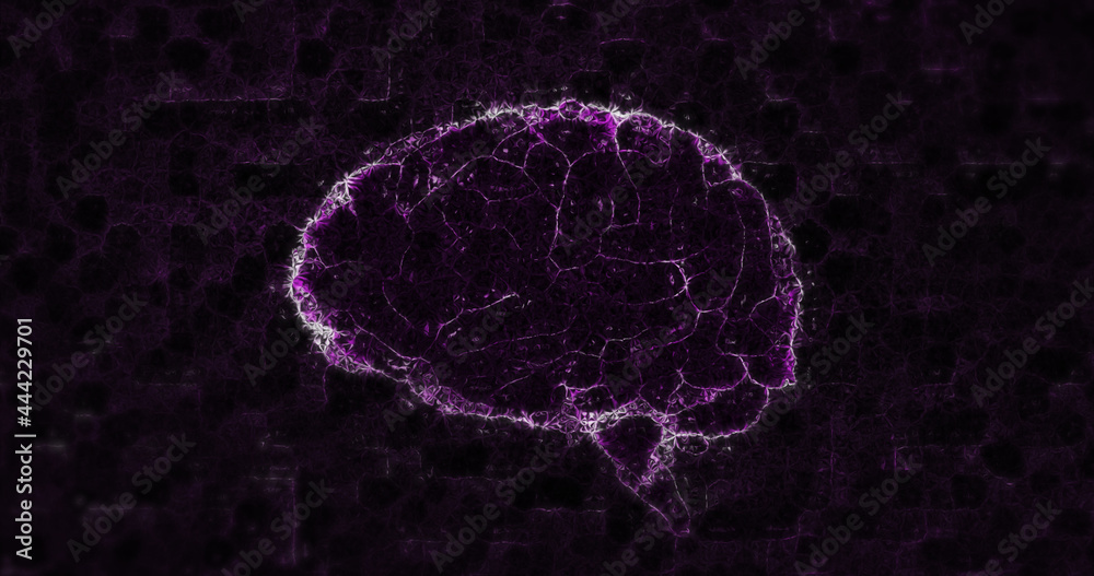 数字发光的紫色三维人脑旋转的图像