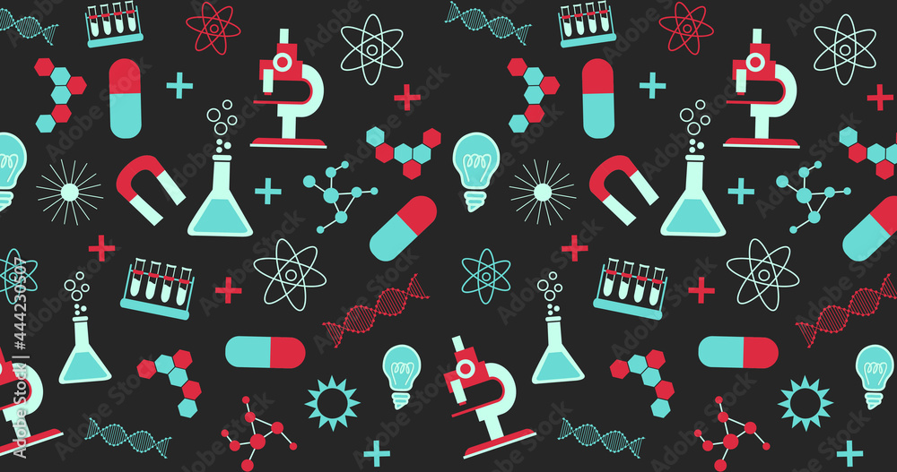 科学概念图标在黑色背景下移动