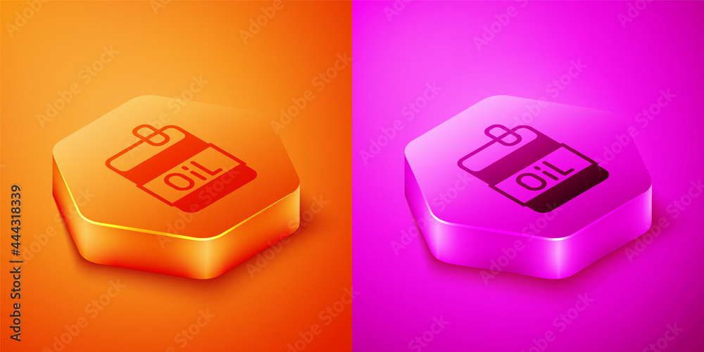 Isometric Bottle of olive oil icon isolated on orange and pink background. Jug with olive oil icon. 