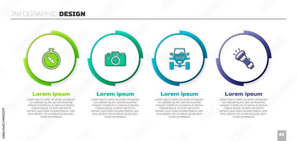 Set Compass, Photo camera, Off road car and Flashlight. Business infographic template. Vector