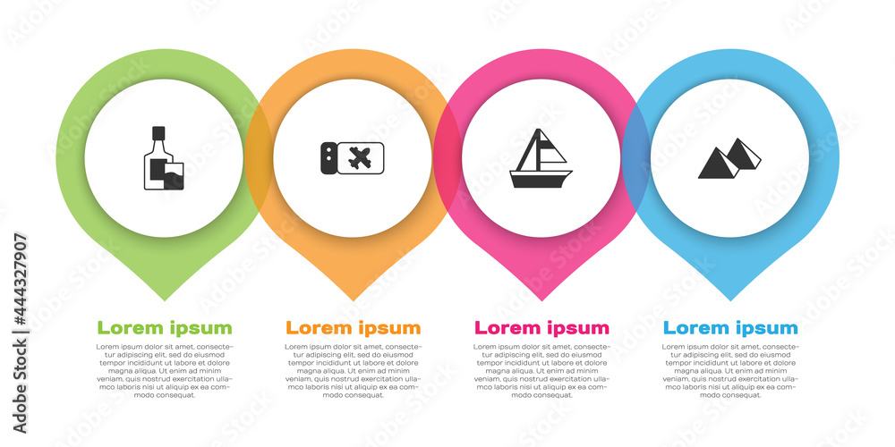 Set Whiskey bottle and glass, Airline ticket, Yacht sailboat and Egypt pyramids. Business infographi