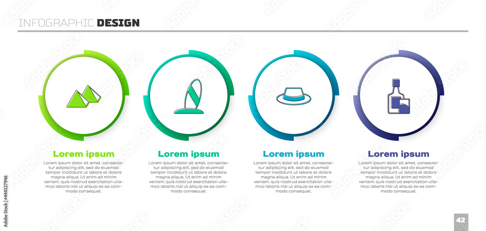设置埃及金字塔，冲浪板，带缎带的人帽，威士忌瓶和玻璃。商业信息图