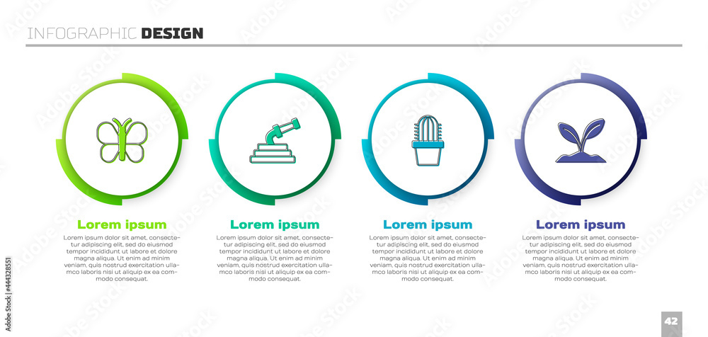 将蝴蝶、花园软管、仙人掌放在花盆和芽中。商业信息图模板。Vector