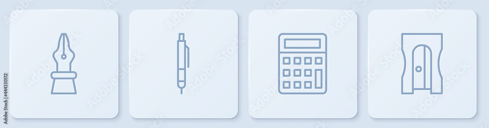 Set line Fountain笔尖，计算器，钢笔和卷笔刀。白色方形按钮。矢量