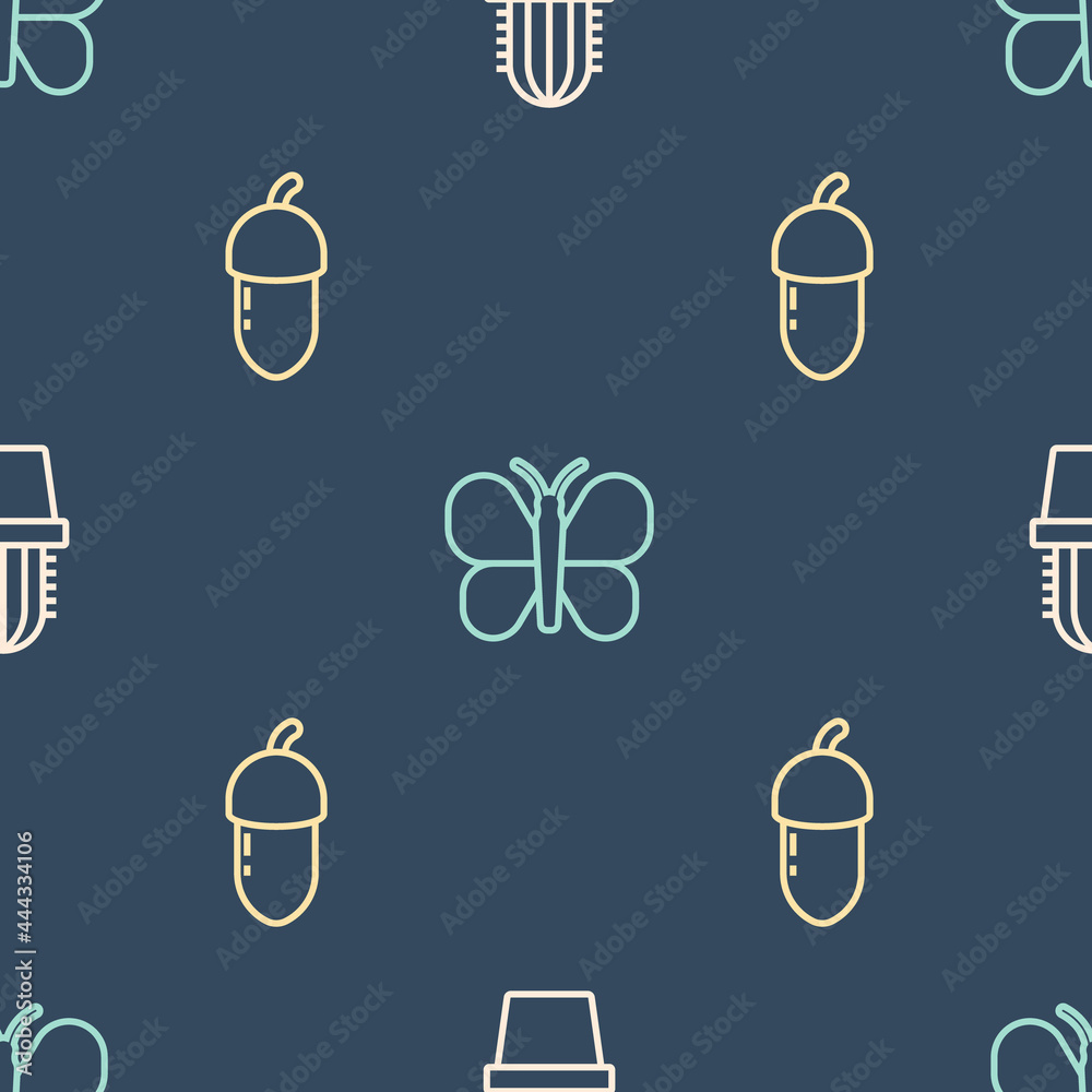 Set line Cactus peyote in pot, Acorn and Butterfly on seamless pattern. Vector