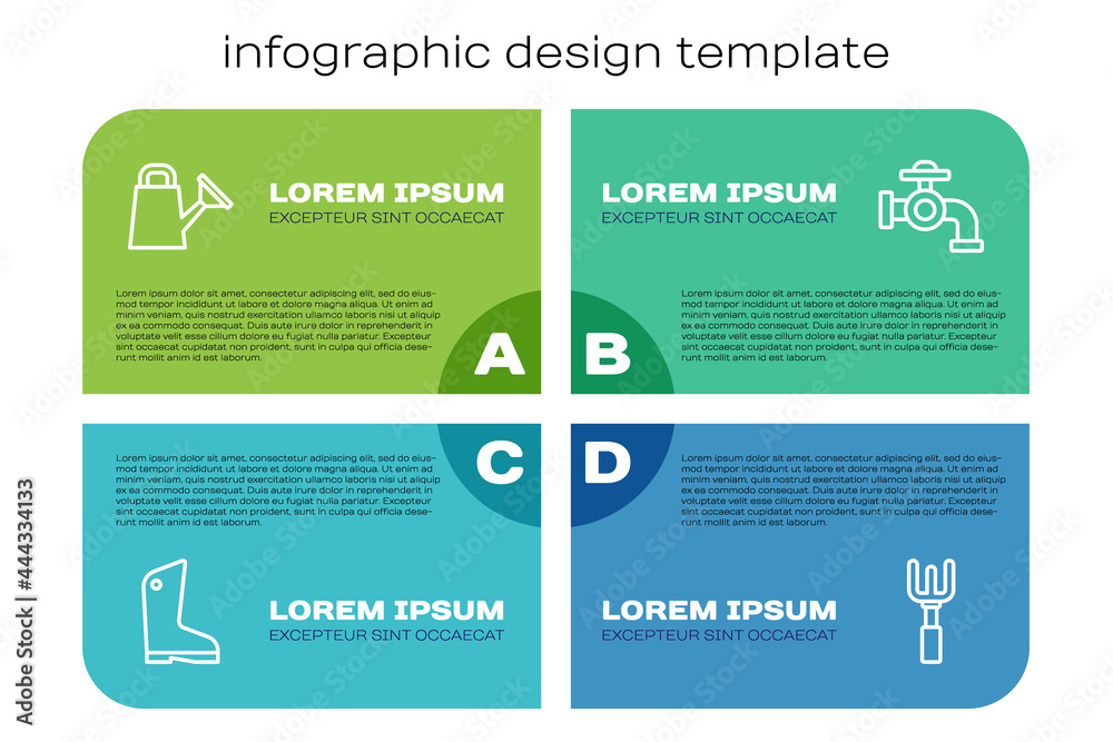 Set line Rubber gloves, Watering can, Garden rake and tap. Business infographic template. Vector