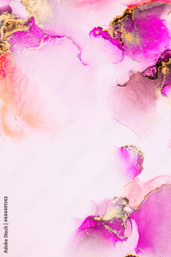 Pink gold abstract background of marble liquid ink art painting on paper . Image of original artwork