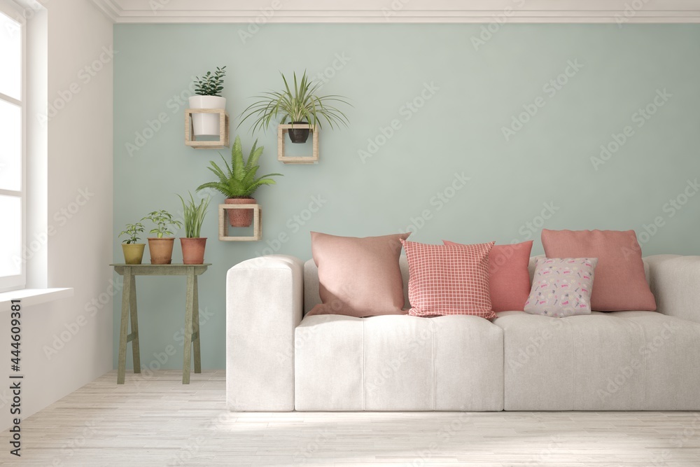 Soft color living room with sofa. Scandinavian interior design. 3D illustration