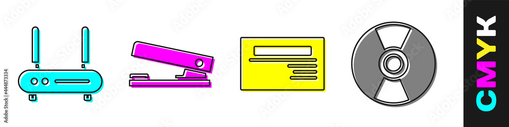 设置路由器和wi-fi信号、Office订书机、名片和CD或DVD磁盘图标。矢量