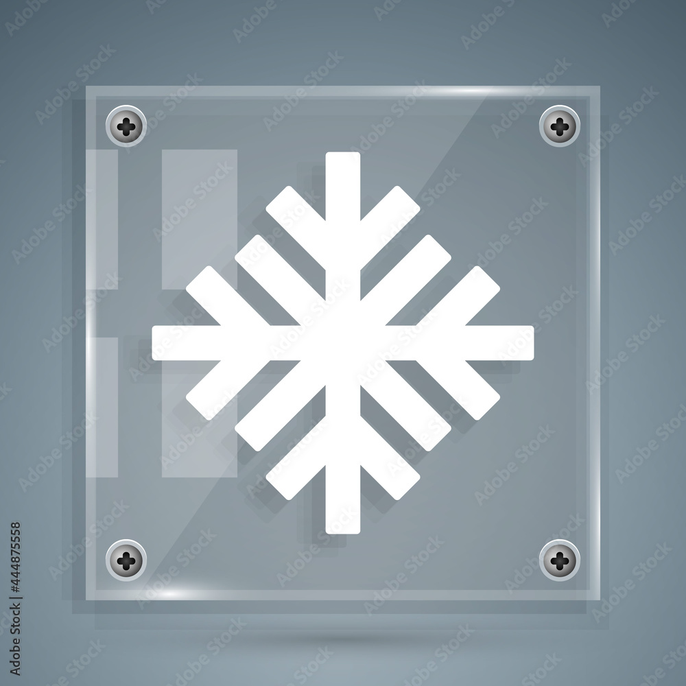 White Snowflake icon isolated on grey background. Square glass panels. Vector