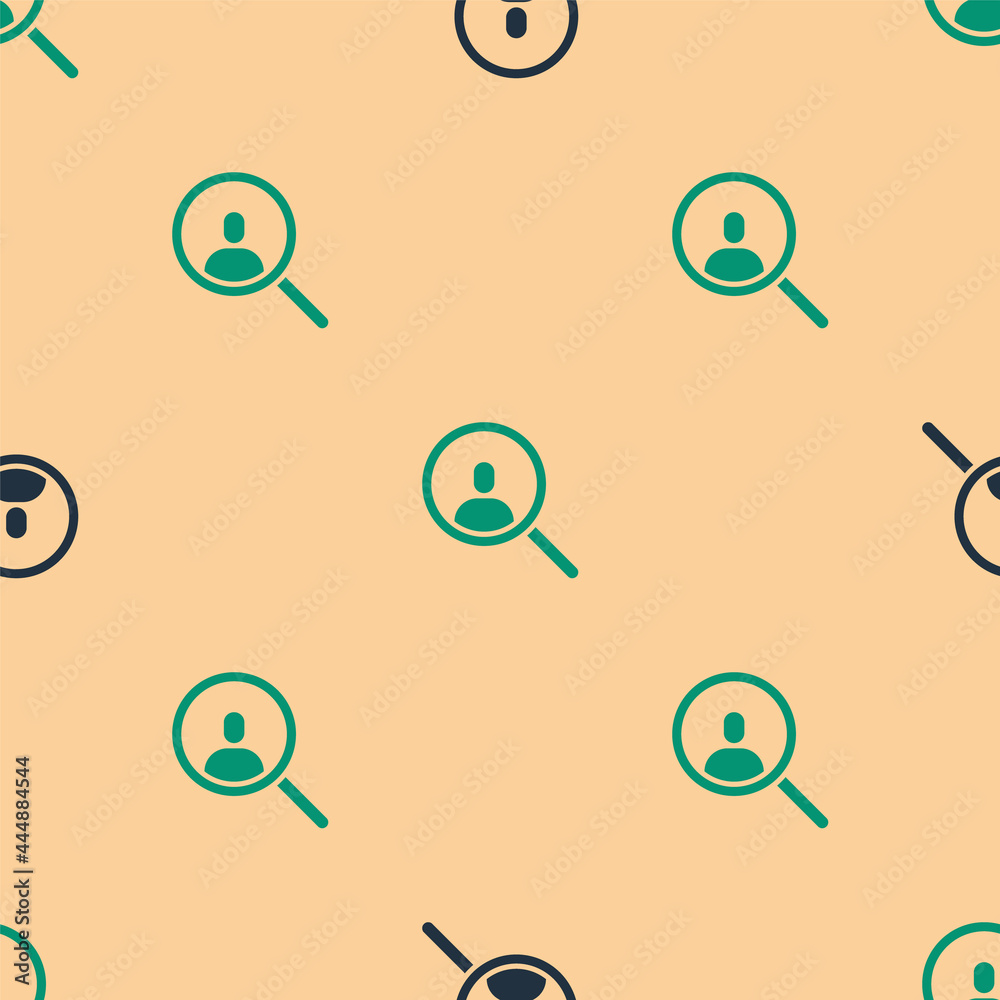 Green and black Magnifying glass for search a people icon isolated seamless pattern on beige backgro