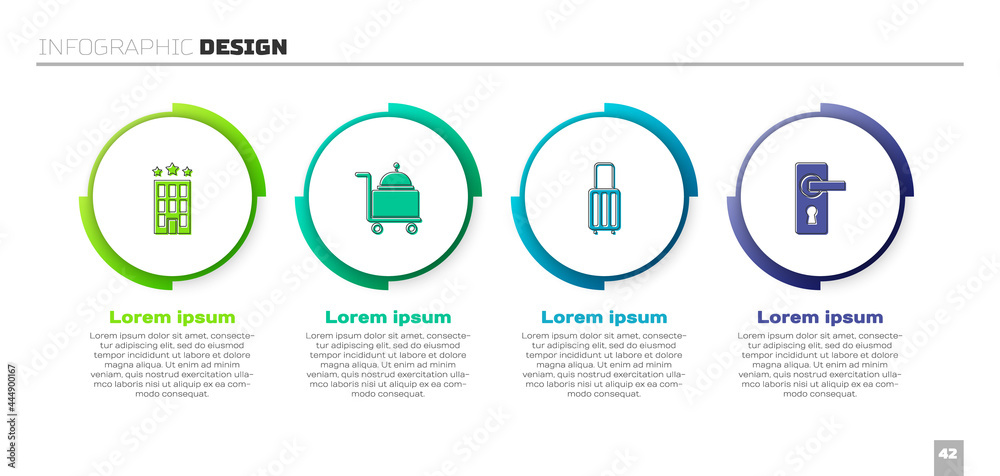 设置酒店建筑，覆盖托盘、手提箱和门把手。商业信息图模板。Vect