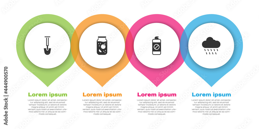 Set Shovel, Jam jar, Garden sprayer for fertilizer and Cloud with rain. Business infographic templat