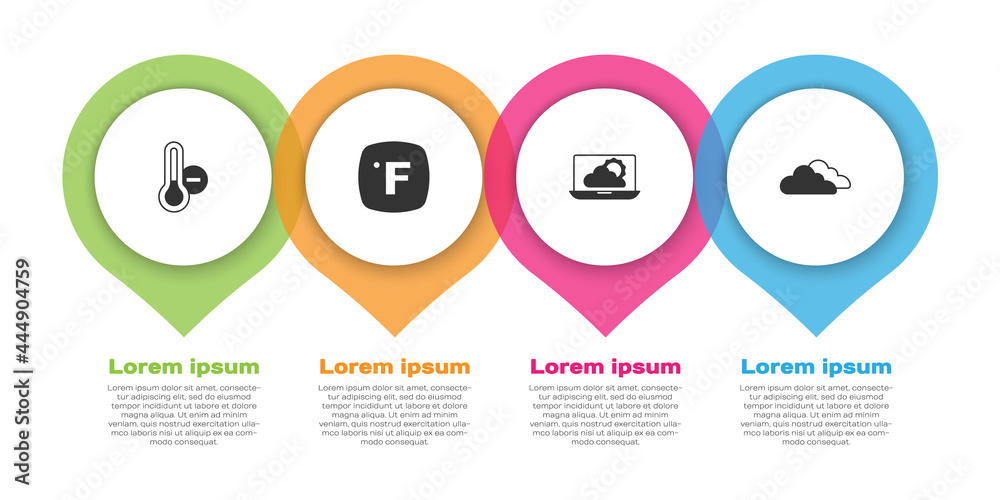 设置气象温度计、华氏度、天气预报和云。商业信息图模板。