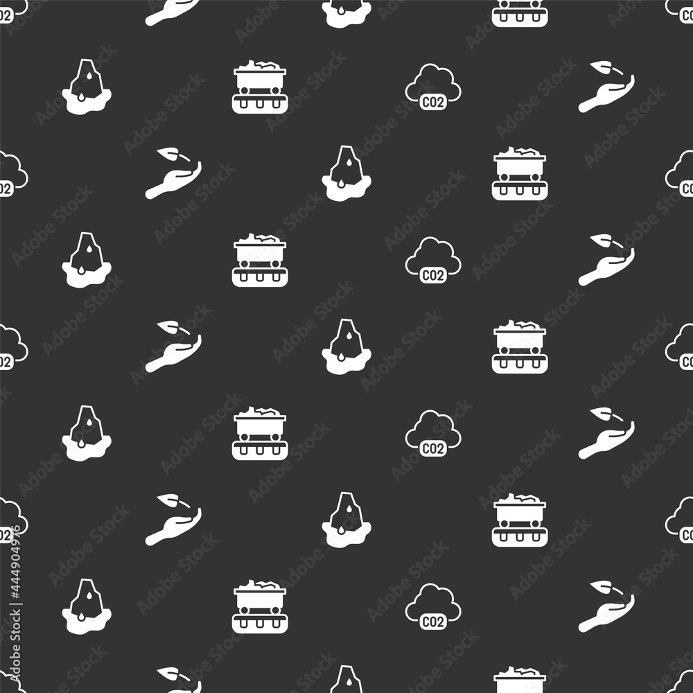 Set CO2 emissions in cloud, Sprout hand, Glacier melting and Coal train wagon on seamless pattern. V