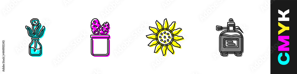 Set Flower in glass bottle, Cactus peyote pot, and Garden sprayer for fertilizer icon. Vector