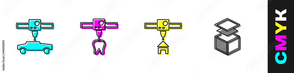设置3D打印机汽车、牙齿、房子和图层图标。矢量