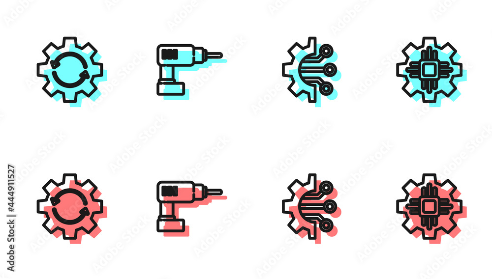 将线算法、齿轮和箭头设置为工作流程、电钻和处理器图标。矢量