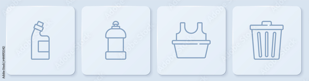 设置线清洗剂瓶、带衬衫的洗手盆和垃圾桶。白色方形按钮。矢量