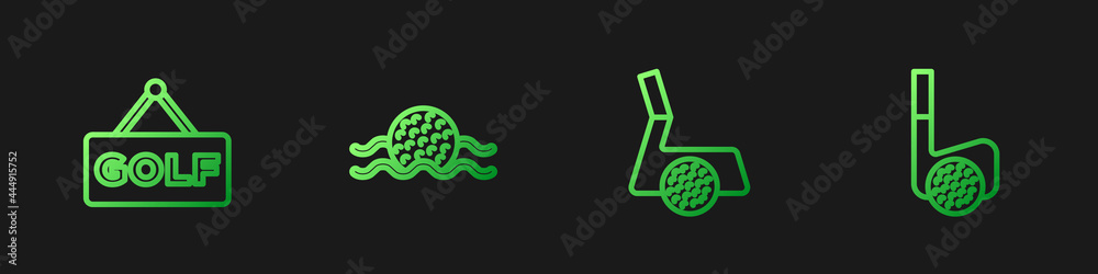 Set line Golf club with ball, label, in water and . Gradient color icons. Vector